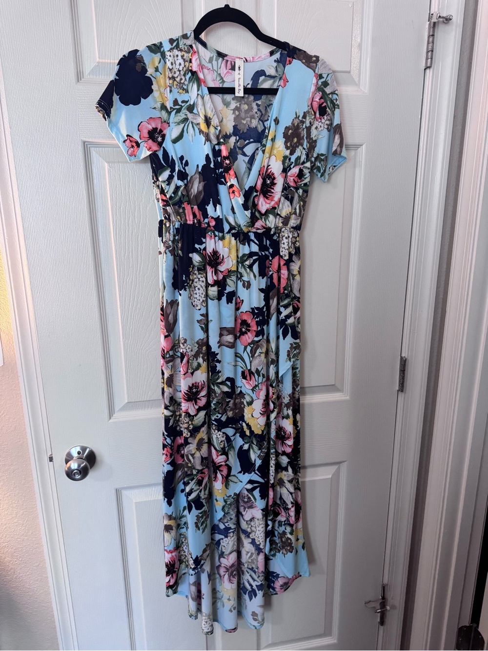 Vanilla Bay Blue Floral Wrap Maxi Dress with Pink & Yellow Accents